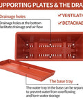 Close-up of red 7 Pack Window Box Planters, 17 Inch Rectangular Plastic Flower Pots With Saucers, showing drainage holes and tray.