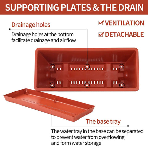 Close-up of red 7 Pack Window Box Planters, 17 Inch Rectangular Plastic Flower Pots With Saucers, showing drainage holes and tray.