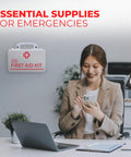 Front view of a white wall-mounted plastic first aid kit with a red cross and FIRST AID KIT label.