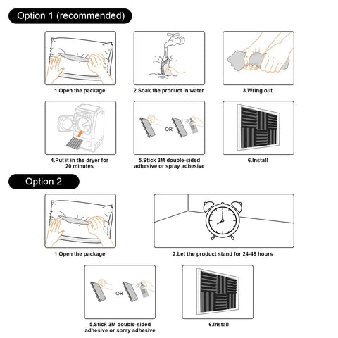 Instructions for installing High Density Acoustic Foam Corner Bass Traps For Music Studios Podcast Recording Home Cinema.