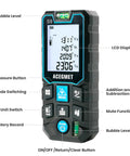 Front view of ACEGMET Laser Measuring Tool With 393ft Range, Backlit LCD, IP54 Waterproof, displaying interface and buttons.