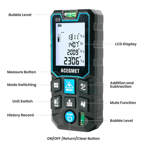 Front view of ACEGMET Laser Measuring Tool With 393ft Range, Backlit LCD, IP54 Waterproof, displaying interface and buttons.