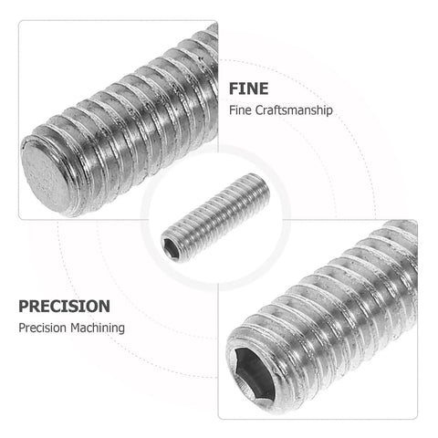 Close-up of a silver grub screw from the 10 Piece Cone Point Grub Screws Set Socket Thread Assortment Kit, showing fine craftsmanship.