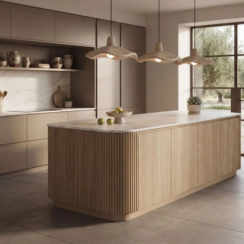 Textured Pendant Light, Cream Aesthetic Hanging Lamp for Kitchen Island over a modern wood and marble kitchen island.