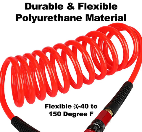 Heavy Duty Polyurethane Recoil Air Hose 1/4 Inch By 50 Feet Lightweight Flexible Compressor Hose coiled design with quick connect swivel.