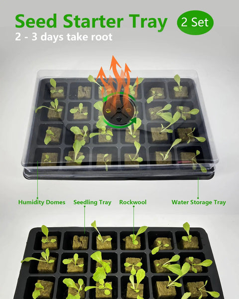 Seed starter tray with rockwool, humidity dome, and seedlings, part of the Vertical Hydroponics Tower Garden For Home Growers With 45 Pods.