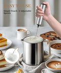 Hand using Rechargeable Milk Frother With USB, Portable Handheld Whisk for Latte, Cappuccino, 2 detachable metal whisks visible