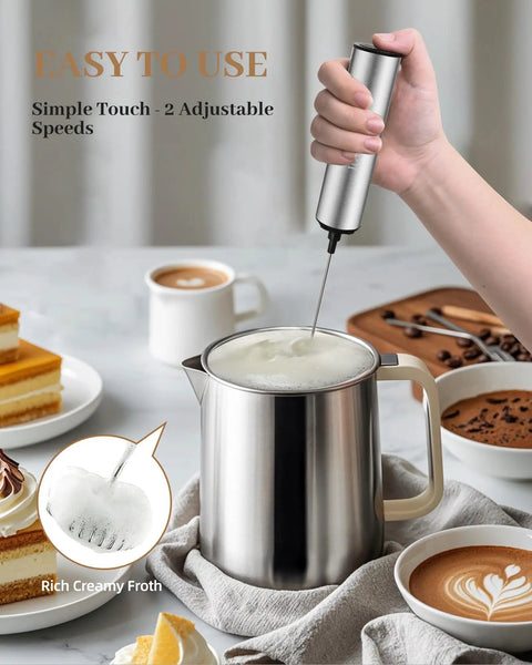 Hand using Rechargeable Milk Frother With USB, Portable Handheld Whisk for Latte, Cappuccino, 2 detachable metal whisks visible