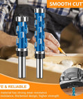 Pro Grade Flush Trim Router Bit Set One Half Inch Shank with Top Bearing Dual Bearing shown in woodworking setup.