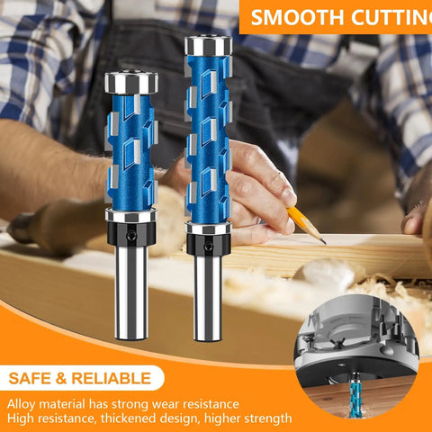 Pro Grade Flush Trim Router Bit Set One Half Inch Shank with Top Bearing Dual Bearing shown in woodworking setup.