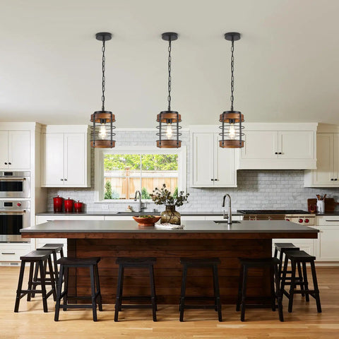 Black Farmhouse Pendant Lights for Kitchen Island, 1-Light Metal Cage Rustic Wood Pendant Light Fixtures above a kitchen island.