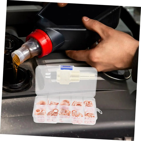 Copper Crush Sealing Washers Assortment Kit With Beefy Bolts For Car Oil Drain Plugs and Plumbing Fittings during oil change.