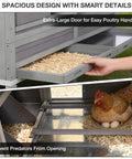 68 Inch Mobile Chicken Coop On Wheels For 8 To 12 Chickens, Wooden Hen House with pull out tray and chicken with eggs inside.