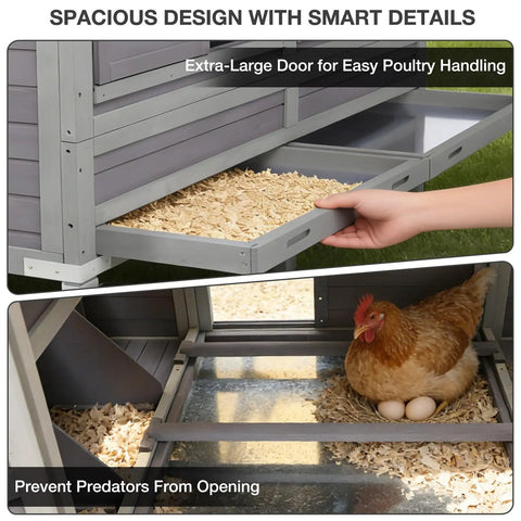 68 Inch Mobile Chicken Coop On Wheels For 8 To 12 Chickens, Wooden Hen House with pull out tray and chicken with eggs inside.