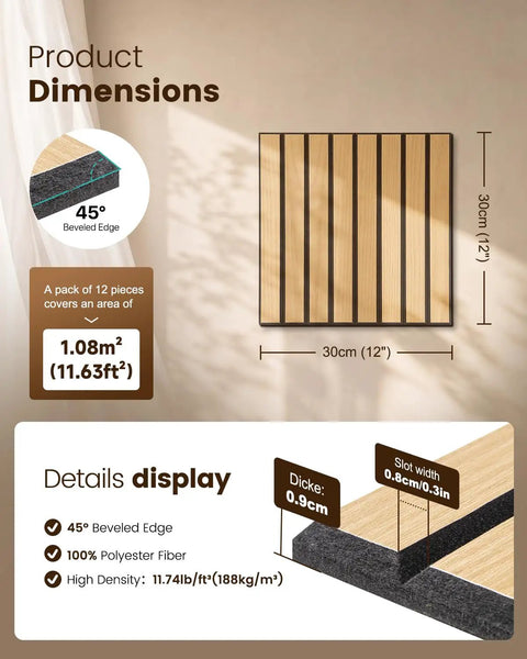 Heavy Duty Peel And Stick Acoustic Wall Tiles 12 Pack Sound Absorbing Panels 12 X 12 Inch with 45° beveled edge dimensions.