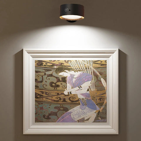 Rechargeable Battery Operated Wall Sconce Twin Pack With 3 White And 13 RGB LED Lights illuminating framed art on wall