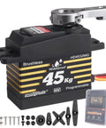Front view of HobbyPark 45kg waterproof high-torque servo with 25T horn; black case with gold stripes and visible wiring.