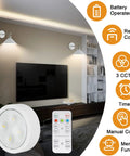 Set Of Two Battery Operated Wall Sconces With Remote Control displayed in living room, showing LED lights and remote features.