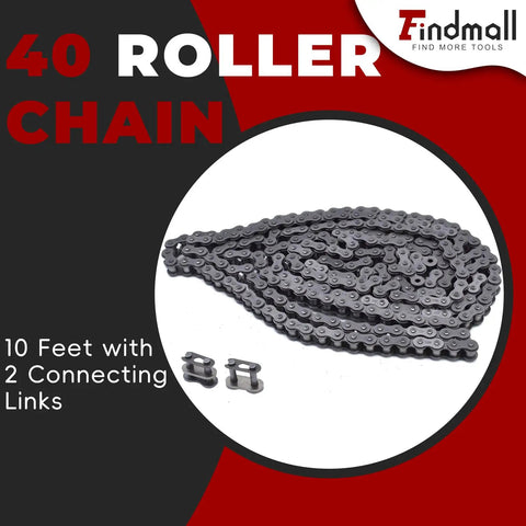 40 Roller Chain, 10 Feet, With Two Connecting Links, Built To Last For Go Karts And Mini Bikes, Carbon Steel, Heat Treated