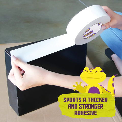 Beast Tough White Duct Tape 3 Inch By 30 Yard Heavy Duty Waterproof Tape applied on black box, highlighting strong adhesive
