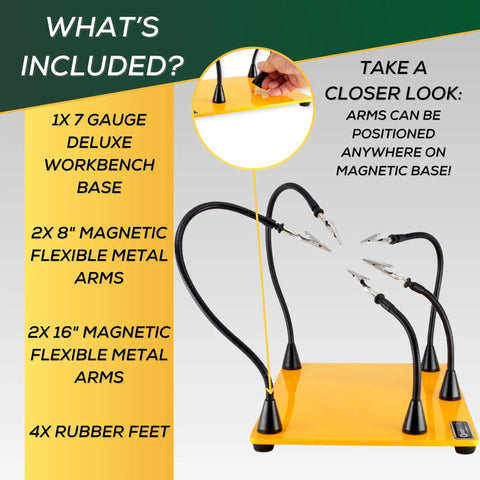 Deluxe Soldering Station With Five Magnetic Arms, Locking Grips, And Steel Base showing flexible arms on yellow base.