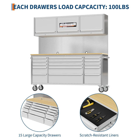Heavy Duty 61 Inch Tool Chest Cabinet With 15 Drawers, Mobile Garage Workbench, Rubber Wood Top, Power Strip, 1675 Lbs Capacity