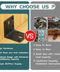 Heavy Duty Black L Brackets 2x2 Inch Steel Angle Supports shown on wood, comparing durability with inferior hardware.
