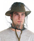 Man wearing Mosquito Head Net With Drawstring Extra Fine Mesh Breathable Shield For Camping Hiking Fishing Fits All Hats Men And Women Gray