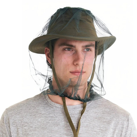 Man wearing Mosquito Head Net With Drawstring Extra Fine Mesh Breathable Shield For Camping Hiking Fishing Fits All Hats Men And Women Gray