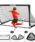 Backyard Kids Soccer Goal Set Two 6x4 Ft Portable Soccer Nets With 10 Training Cones, Agility Ladder And Carry Bag shown in use