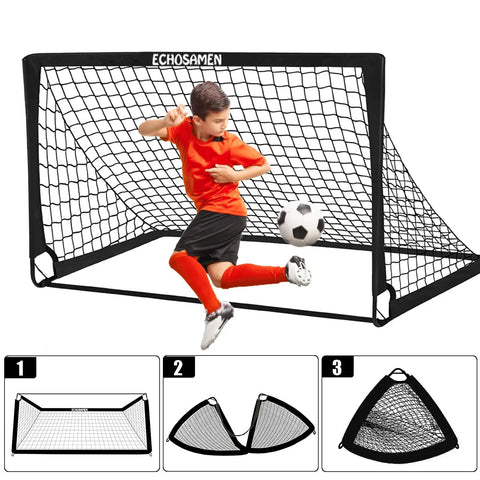 Backyard Kids Soccer Goal Set Two 6x4 Ft Portable Soccer Nets With 10 Training Cones, Agility Ladder And Carry Bag shown in use