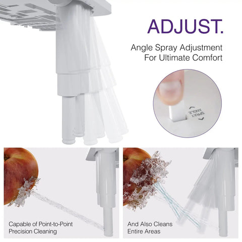 Close-up of Ultra Slim Dual Nozzle Bidet Attachment showing adjustable sprayer, installation, and cleaning feature.