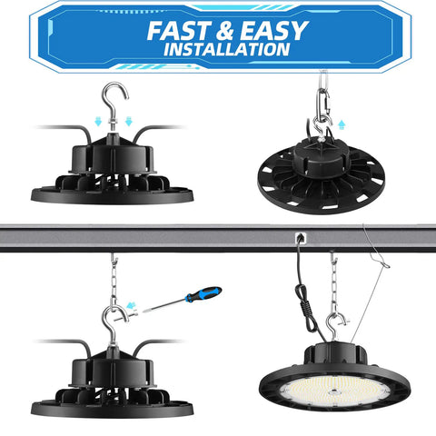 Installation of 240W LED High Bay Light With 35000 Lumens Daylight Output IP65 Waterproof Warehouse Shop Light 1-10V Dimmable