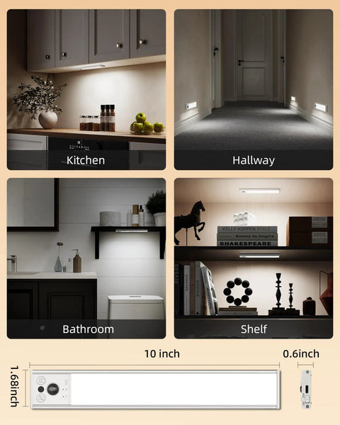 10 Inch Under Cabinet Lighting No Fuss With Motion Sensor LED Lights For Kitchen Pantry And Stairs USB Rechargeable 2400mAh Dimmable Magnetic Wireless Under Counter Lamps 2 Pack in various household settings including kitchen, hallway, bathroom, and shelf.