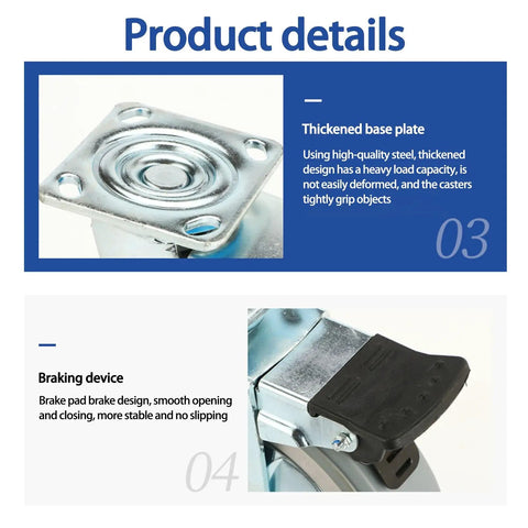 Mavvilo Heavy-Duty Swivel Caster Wheels 4-Inch Industrial Office Wheels with Brake Thick base plate for high load capacity.