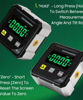 Pro Grade Digital Angle Finder Protractor With 4-Side Magnetic Gauge, Big LED Display, 4x90 Degree Precision, Cube Inclinometer, Miter Tool For Woodworking And Table Saw Calibration showing hold and zero buttons