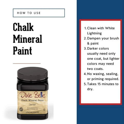 Image showing Matte Black Caviar Chalk Finish Furniture Paint 32oz bottle with usage instructions beside it.