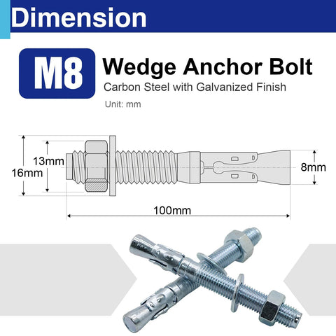 Diagram and photo of M8 wedge anchor bolt, carbon steel, galvanized finish, showing dimensions and design features.