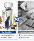 Hella Reliable 1200W Automatic Granule And Powder Filler With Dual Vibration For Foolproof Weighing stainless steel dispenser beside traditional hand-packing.