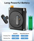 Dope Voice Amplifier For Teachers With Dual Magnetic Wireless Lavalier Microphones And Noise Reduction Bluetooth Portable Rechargeable Speaker shown with battery and charging time.
