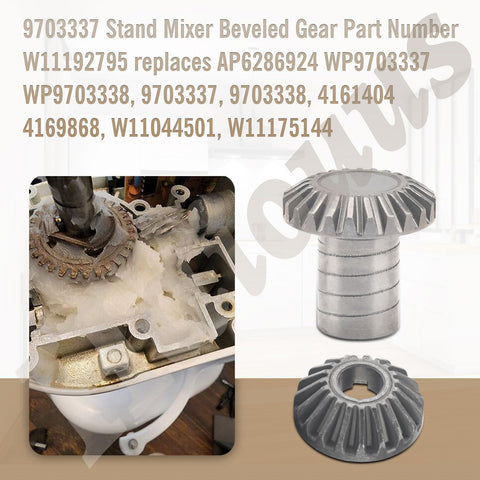 Whirlpool Compatible Stand Mixer Bevel Gear Kit 9703337 9703338 Replacement Worm Gear Set displayed with gears and installation view