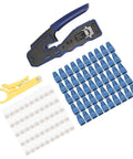 All-In-One RJ45 Ethernet Crimping Tool For Cat5, Cat5e, Cat6, And Cat6A pass-through connectors with crimper, stripper, and cables