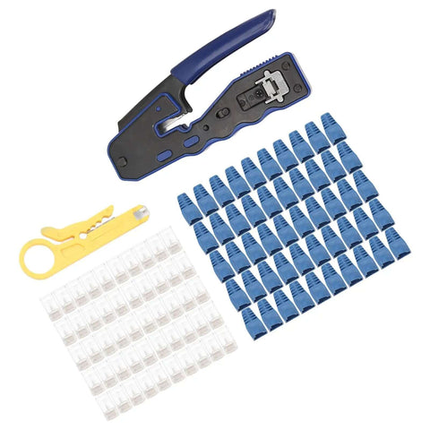 All-In-One RJ45 Ethernet Crimping Tool For Cat5, Cat5e, Cat6, And Cat6A pass-through connectors with crimper, stripper, and cables