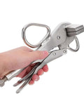 Person holding Heavy Duty Auto Body Clamp With Locking Sheet Metal Pliers, Wide Flat Duckbill Design For Welding And Panel Repair
