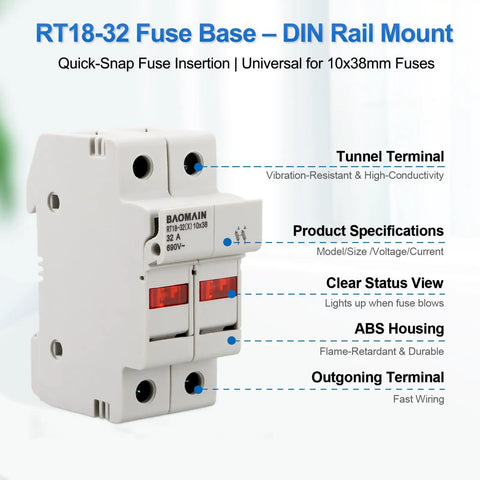 Two Pole 690V DIN Rail Fuse Holder For 10x38mm Fuses With Built In LED Indicator UL Recognized Up To 32A AC For Fast Troubleshooting And Reliable Power Distribution, ABS housing