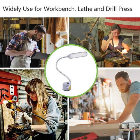 Collage showing Lit LED Sewing Machine Light With Flexible Gooseneck Arm 30 LEDs 6W Magnetic Base in various workshop settings.
