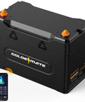 Image of 12V 100Ah LiFePO4 Battery With Bluetooth BMS IP67 Waterproof For RV Solar Marine Trolling Motor And Off Grid Setups 5000 Plus Deep Cycles Ready For Any Adventure Built For Road Trips And No Fuss Power On The Go, with Bluetooth app shown.