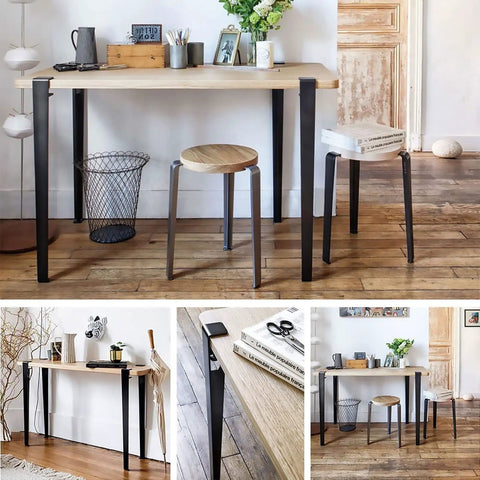 Four Piece Heavy Duty Adjustable Metal Table Legs With Telescoping Clamp For No Fuss Desk Build Supports Two Hundred Pounds grippy rubber feet supporting a modern desk setup.