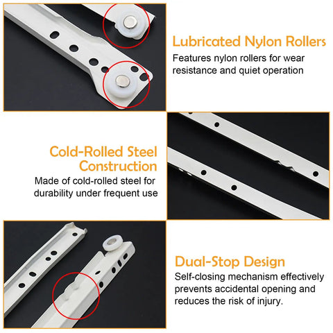 14 Inch Soft Close Heavy Duty Drawer Slide Kit With Bottom Mount Coated Steel Track And Smooth Nylon Rollers Rugged And Durable Drawer Glides Replacement For Cabinets And Dressers White Finish, white steel rollers