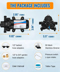 On Demand 110V Diaphragm Water Pump For RV Use 4 GPM 50 PSI Self Priming Transfer Pump With Garden Hose Adapters package contents